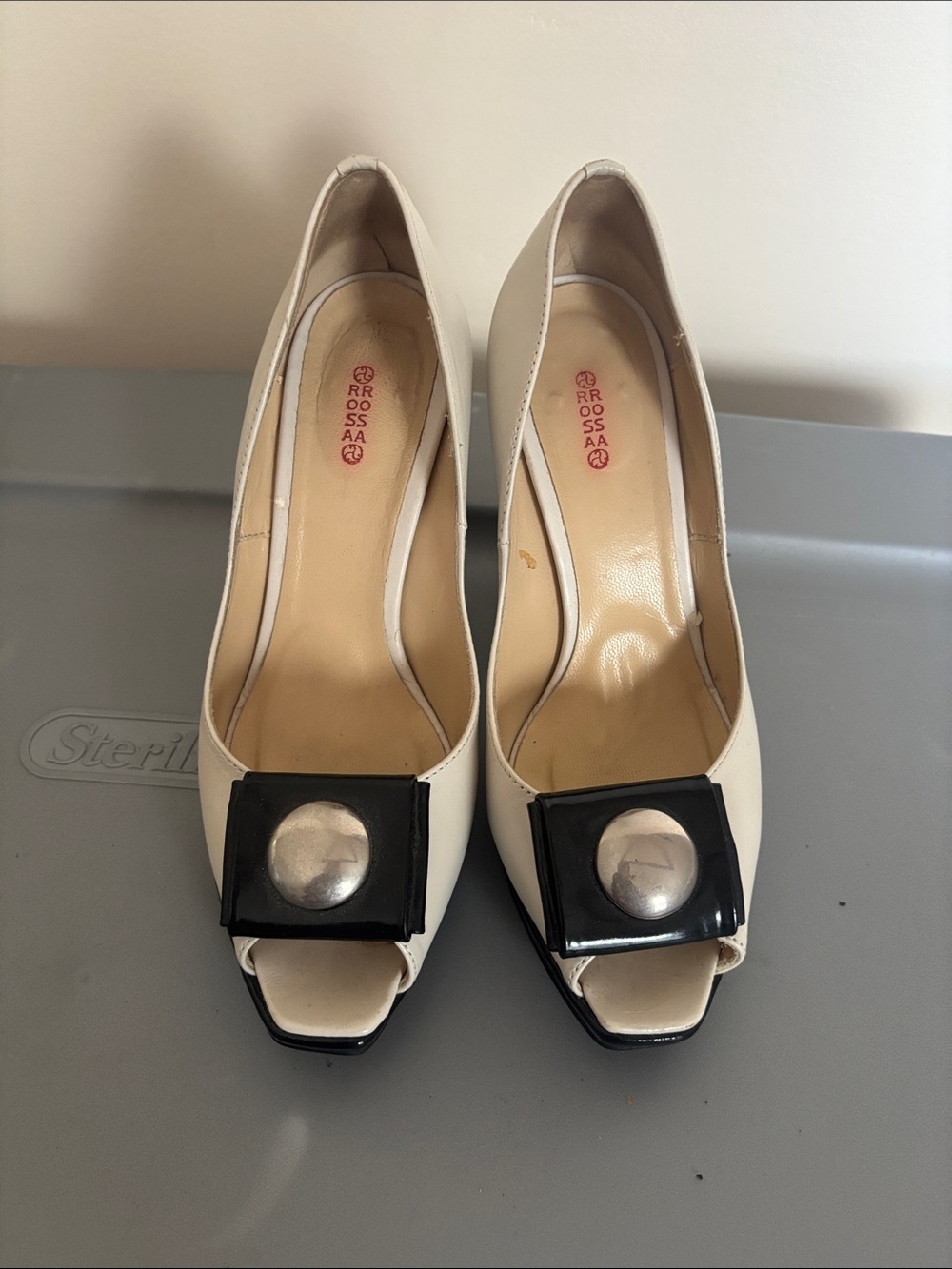 Bandolino Ivory Peep-Toe Heels with Black Accent and Silver Button